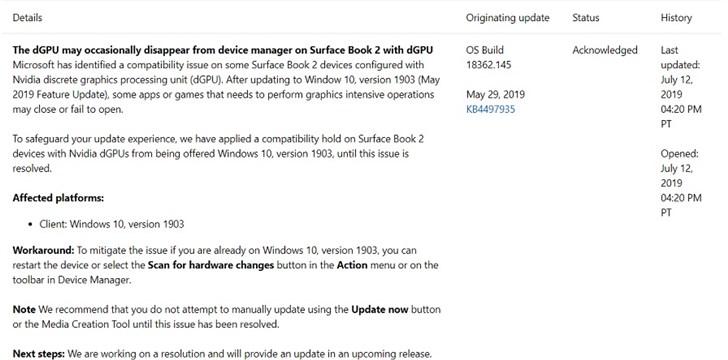 微軟承認(rèn)Windows 10 1903版本存dGPU Bug，Surface Book 2暫停推送更新
