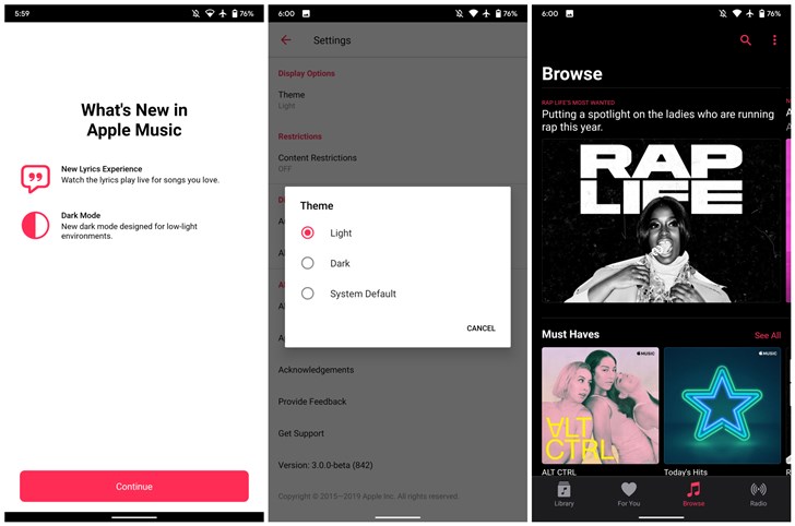 蘋果Apple Music安卓測試版獲更新，加入深色模式