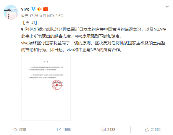 vivo終止與NBA合作：國家利益高于一切