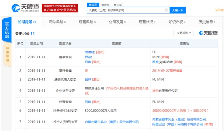 阿里巴巴入股蒙牛旗下訂奶O2O平臺“天鮮配”