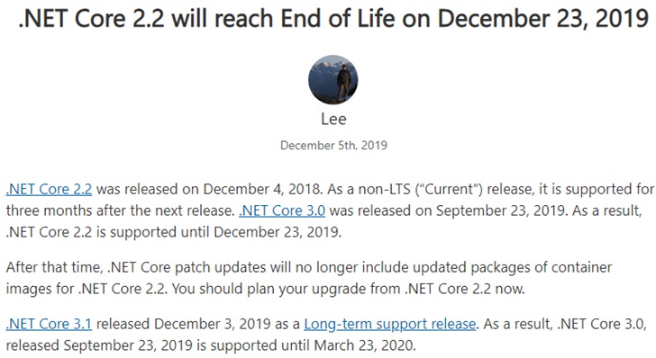 微軟將中止支持 .NET Core 2.2，建議開發者升級至 .NET Core 3.1