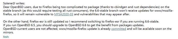 Firefox 打包太復(fù)雜，OpenBSD 穩(wěn)定版拒收其更新