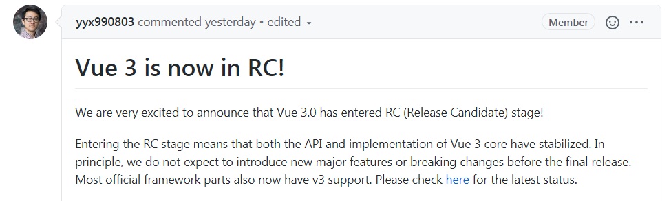 Vue.js 作者宣布 Vue 3 進入 RC 階段，首個 RC 版本發布！