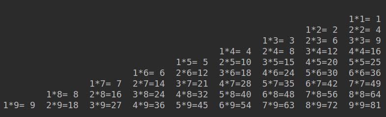 利用Python循環(huán)(包括while&for)各種打印九九乘法表的實例