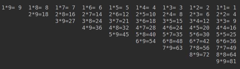 利用Python循環(huán)(包括while&for)各種打印九九乘法表的實例