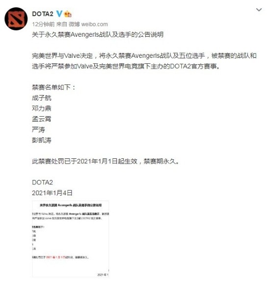 《Dota2》官方：永久禁賽 Avengerls 戰隊及五位選手