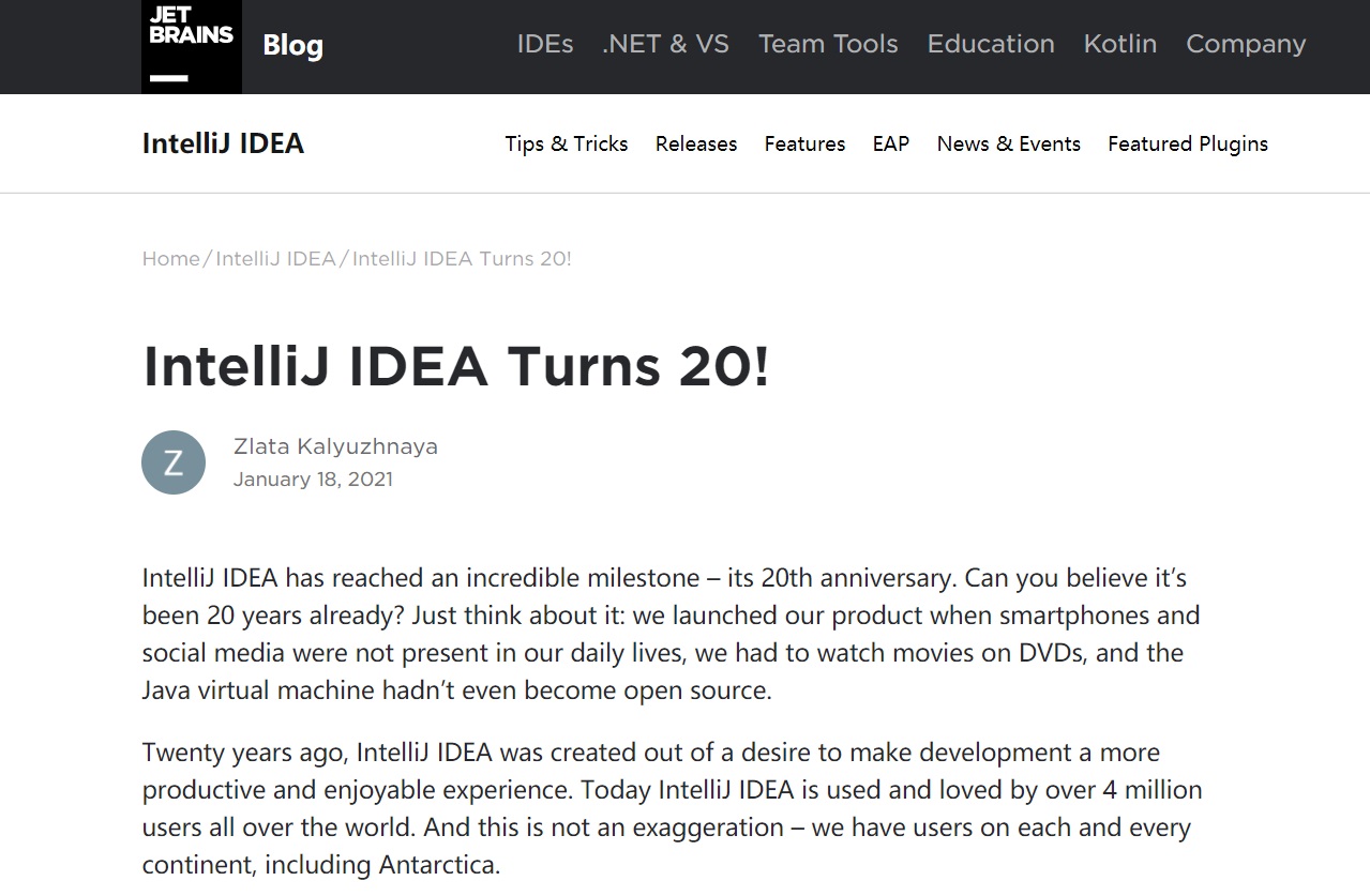 Java 開發工具 IntelliJ IDEA 20 周歲，官方發布慶祝公告