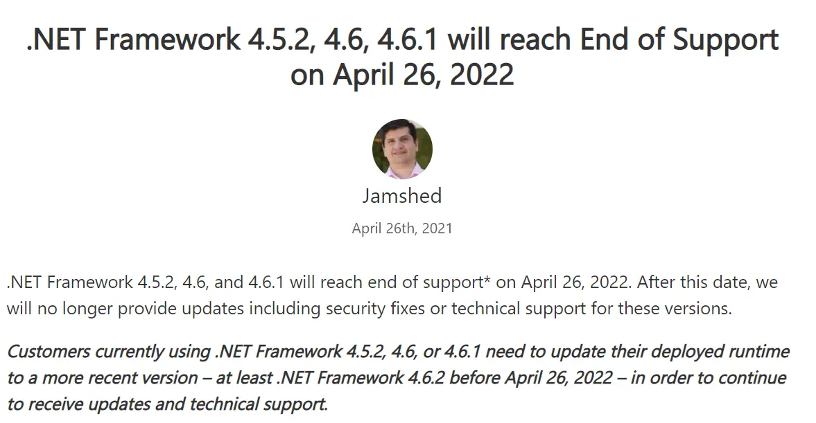Microsoft 宣布將停止支持多個 .NET Framework 版本