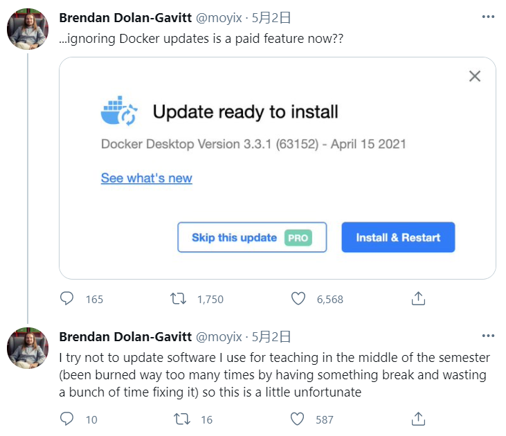 Docker 將“跳過更新”設為付費功能，引發網友吐槽