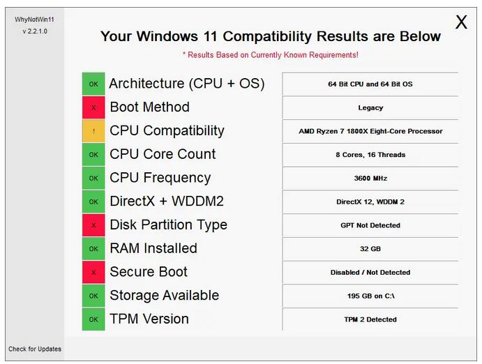 WhyNotWin11：開源的 Windows 11 升級檢測工具