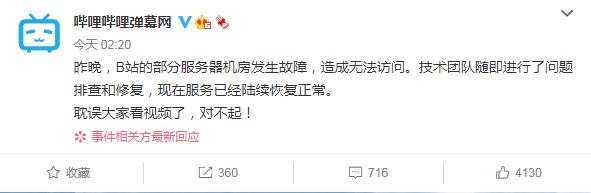 B站就服務器故障致歉 宕機后股價短線走低