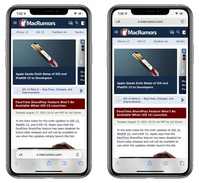 iOS 15 Safari新變化：地址欄可根據用戶偏好設置在頂部或底部
